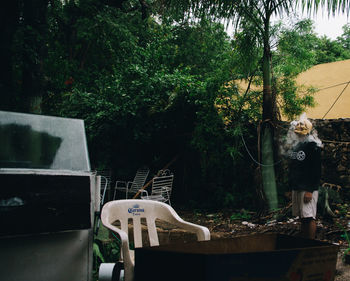 Statue by plants in yard