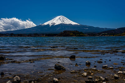 Scenic view of snowcapped mountains against blue sky