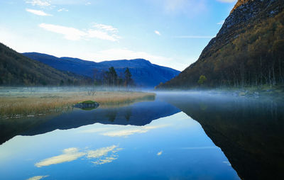 Scenic view of lake and mountains against sky