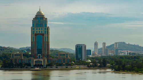 Aerial drone of kota kinabalu city with modern buildings. borneo,sabah, malaysia.