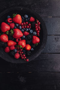 High angle view of strawberries in bowl on table