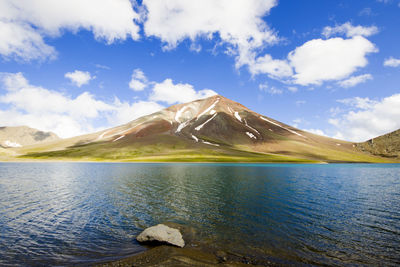 Scenic view of lake and mountains against sky