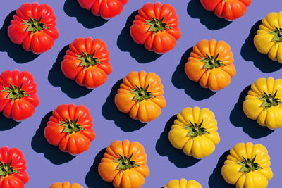 Flat lay of gradient pattern tomato. pattern  tomatoes on trendy very peri. color of the year 2022