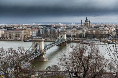 Bridge over river with city in background