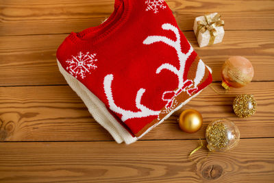 High angle view of christmas decorations on table