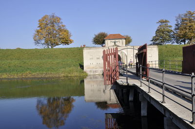 Scenic view of lake by building against sky