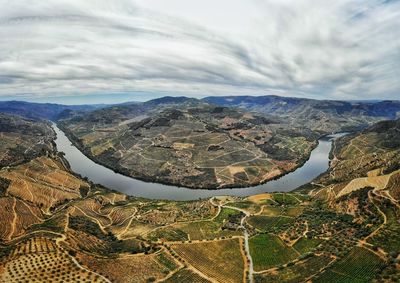 High angle view of landscape against cloudy sky