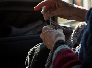 Close-up of hand knitting wool