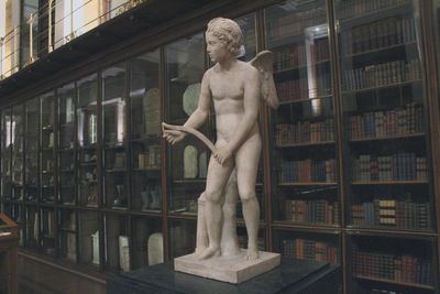 Angel statue and books in museum