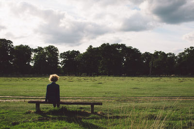 Rear view of young woman sitting on wooden bench at park against sky