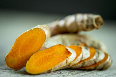 Close-up of orange slices on table