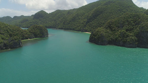 High angle view of trees by sea against sky