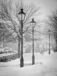Street light on snow covered park against sky