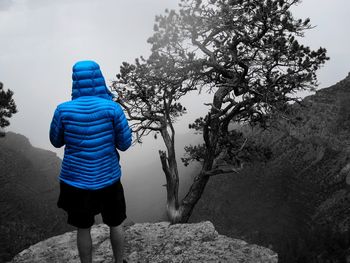 Rear view of woman standing by tree against sky