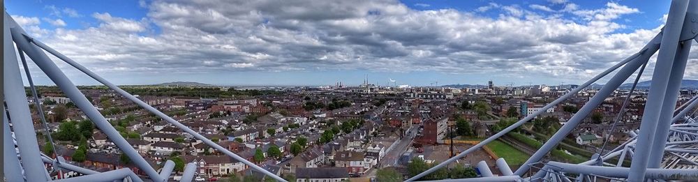 High angle view of city and buildings against sky