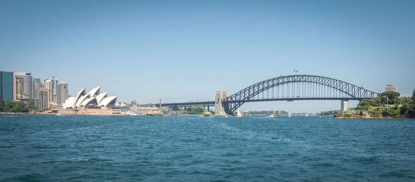 Sydney skyline with opera house and harbour bridge shot from water, new south wales, australia