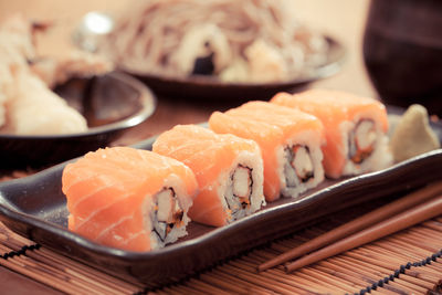 Close-up of sushi served in plate