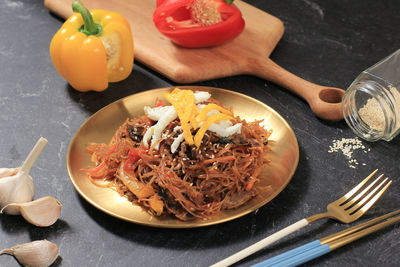 High angle view of food in plate on table