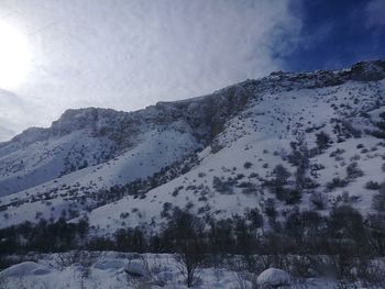 Scenic view of snow covered mountains against sky