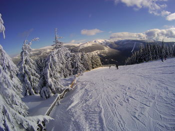 Snow covered landscape against sky