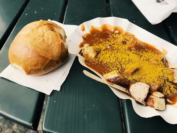 High angle view of food in plate on table