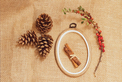 High angle view of carving on table