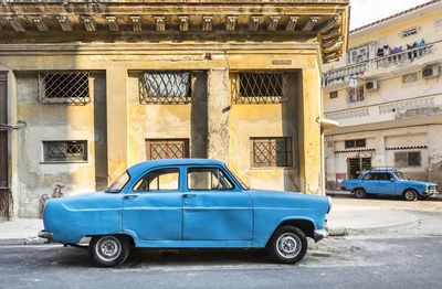 Parked blue vintage car, havana, cuba