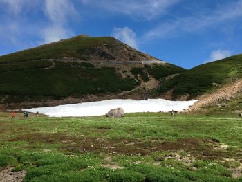 Scenic view of grassy field against cloudy sky