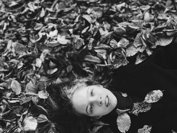 High angle view of young woman lying on field young model autumn mood wide eyes portrait model