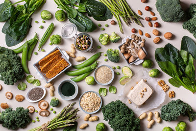 Variety of healthy vegan, plant based protein source and body building food. view from above