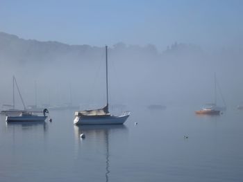 Boats moored on sea during foggy weather