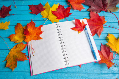 High angle view of autumn leaves on book over table