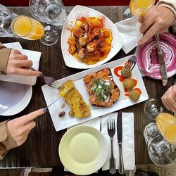 High angle view of breakfast served on table