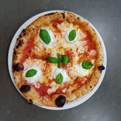 High angle view of pizza on table