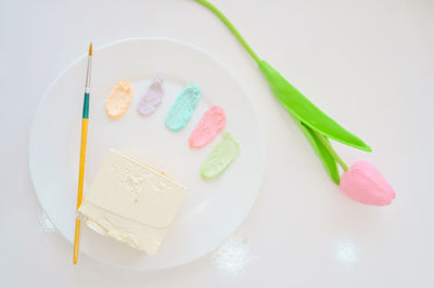 High angle view of ice cream in plate on table