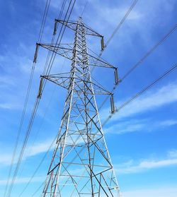 Low angle view of electricity pylon against sky