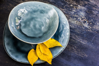 High angle view of ice cream in bowl on table