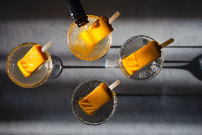 High angle view of drink on table