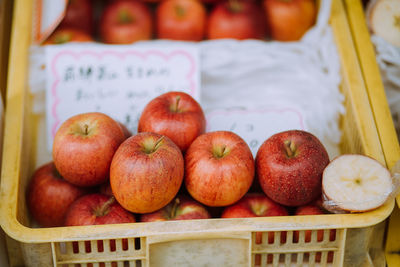 High angle view of apples in crate