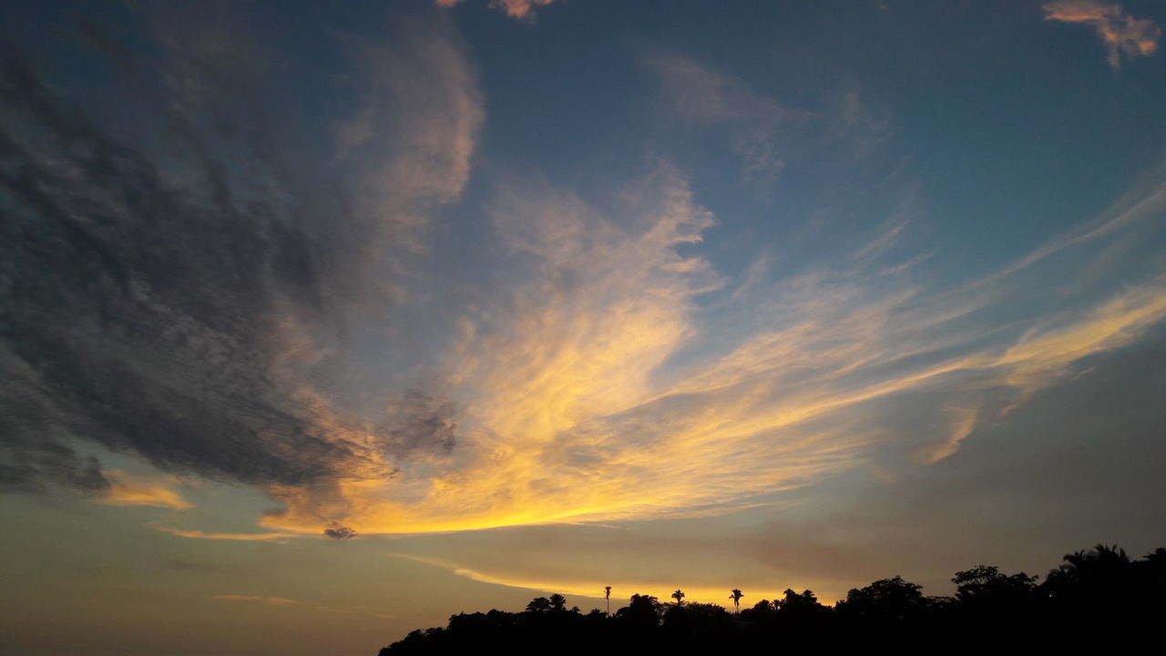 silhouette, sunset, sky, scenics, beauty in nature, cloud - sky, tranquility, tranquil scene, low angle view, nature, idyllic, dramatic sky, tree, cloud, cloudy, orange color, moody sky, outdoors, majestic, no people, weather, cloudscape, outline, overcast, dark, non-urban scene, landscape, blue