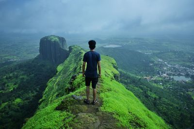 Rear view of man standing on mountain against sky