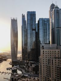 Dubai skyscraper buildings at the sunset