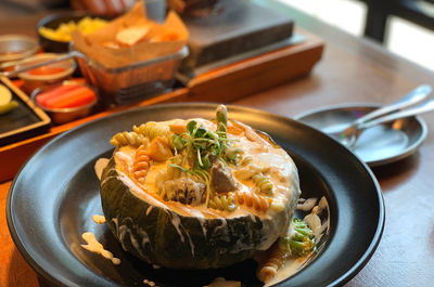 High angle view of meal served on table