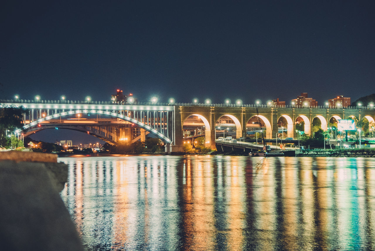 connection, bridge - man made structure, architecture, built structure, water, illuminated, waterfront, river, night, reflection, engineering, bridge, arch bridge, arch, building exterior, city, calm, rippled, tranquility, water surface, city life, travel destinations, tranquil scene, scenics, outdoors, dark, sky, famous place