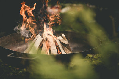 Close-up of bonfire on barbecue grill