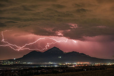 Lightning over illuminated cityscape against dramatic sky