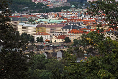 View of prague and river vltava from petrin hill, prague, czech republic