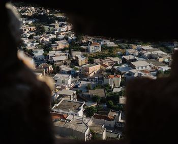 High angle view of townscape seen through window