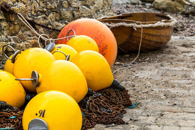 High angle view of buoys on land