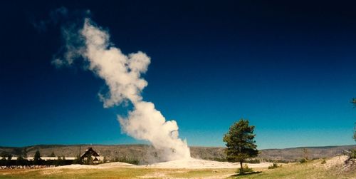 Panoramic view of landscape against clear blue sky